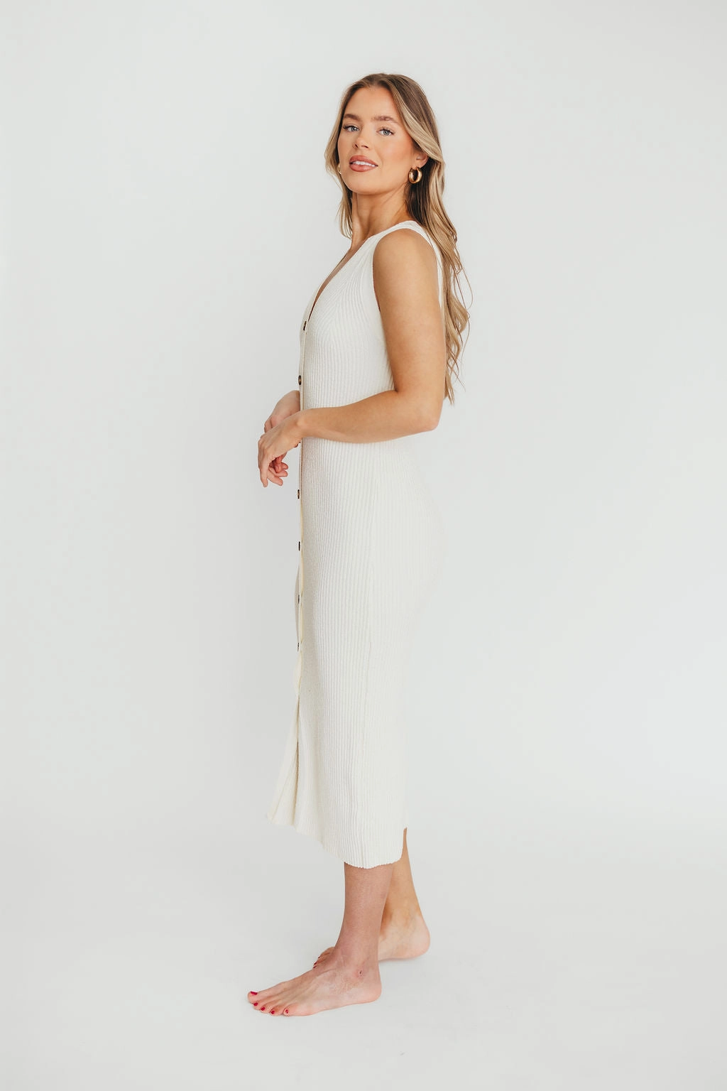 Lelani Button Down Ribbed Knit Midi Dress in White - Nursing Friendly Calm Movement
