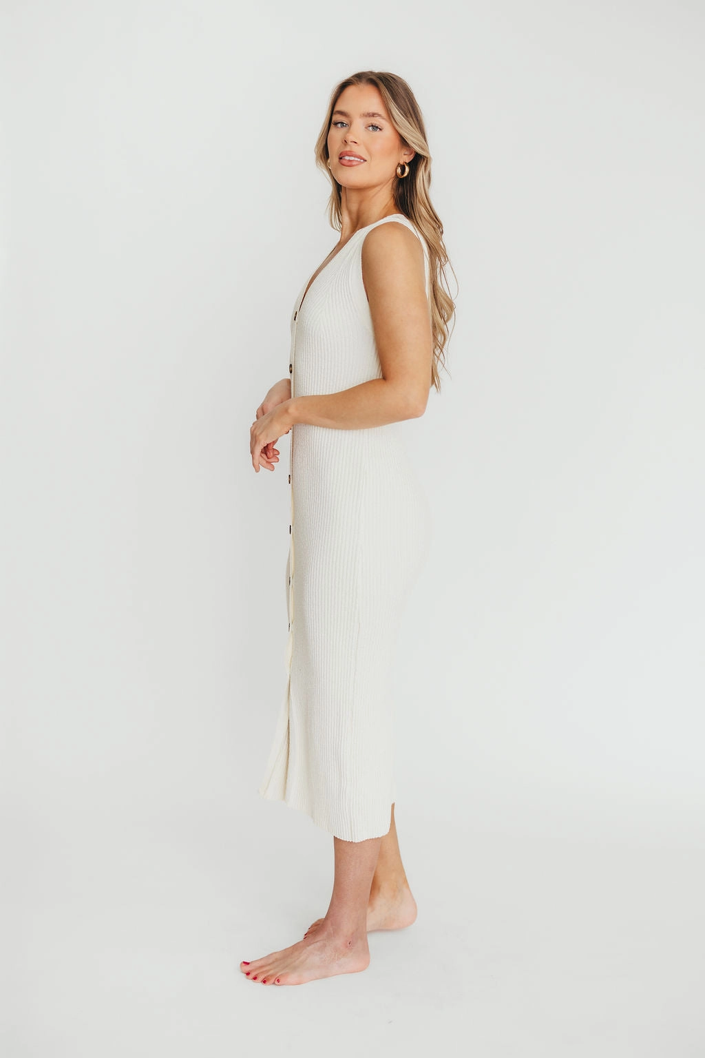 Wedding guest Lelani Button Down Ribbed Knit Midi Dress in White - Nursing Friendly