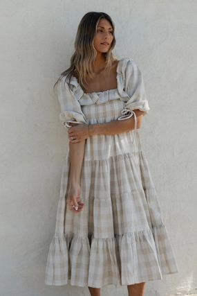 Clea Dress in Natural Plaid - Bump Friendly Quiet Luxury