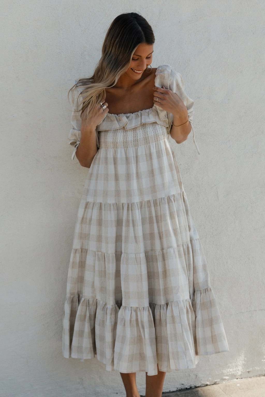 Clea Dress in Natural Plaid - Bump Friendly Chic formal attire