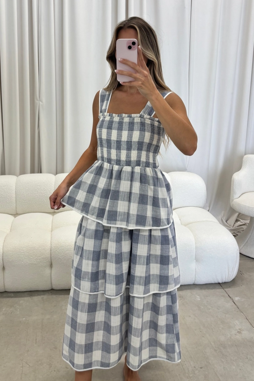 Fall Outfit Fluid movement Ree Gingham Tiered Midi Dress in Blue