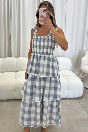 Relaxed-fit maxi dress Noble Aura Ree Gingham Tiered Midi Dress in Blue