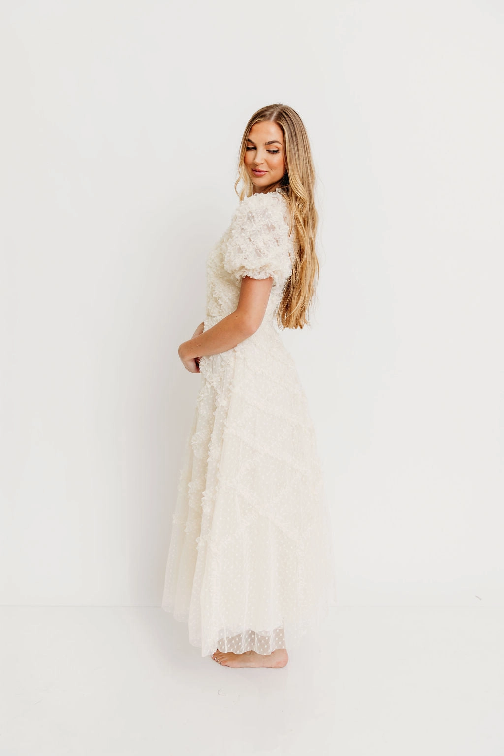 Serena Ruffle Frill Swiss Mesh Maxi Dress in Cream Recycled-Material Classic Flow