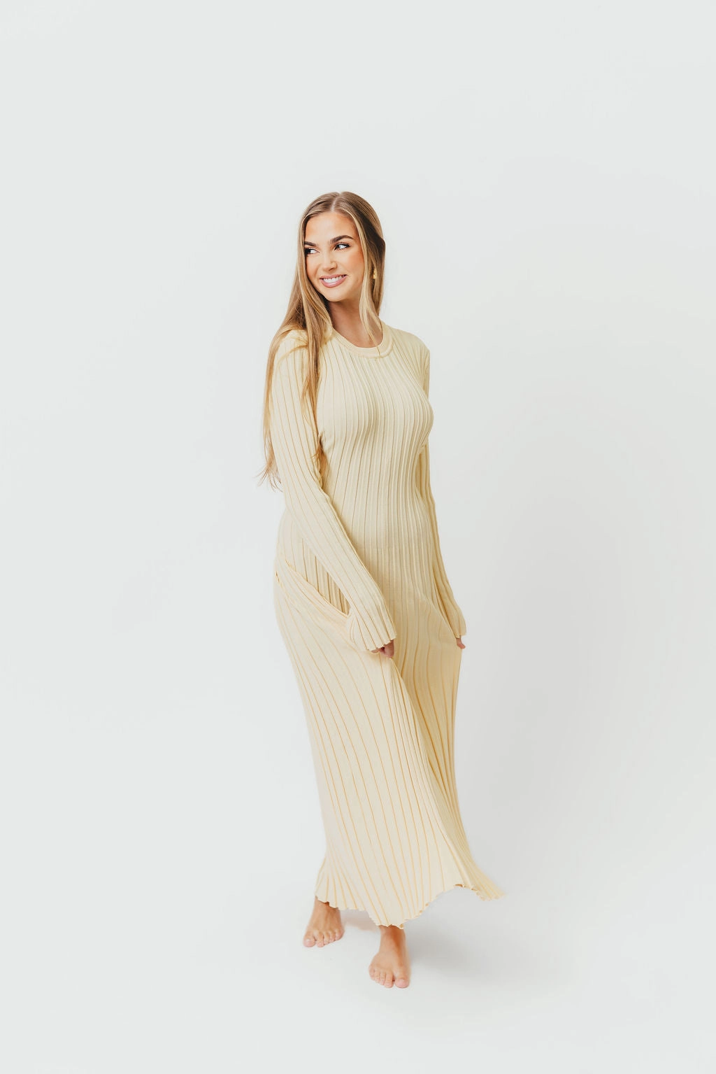 Minimal Touch Colette Premium Long Sleeved Ribbed Knit Maxi Dress in Butter Yellow  - Bump Friendly