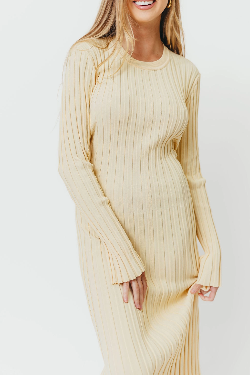 Style Blend Colette Premium Long Sleeved Ribbed Knit Maxi Dress in Butter Yellow  - Bump Friendly