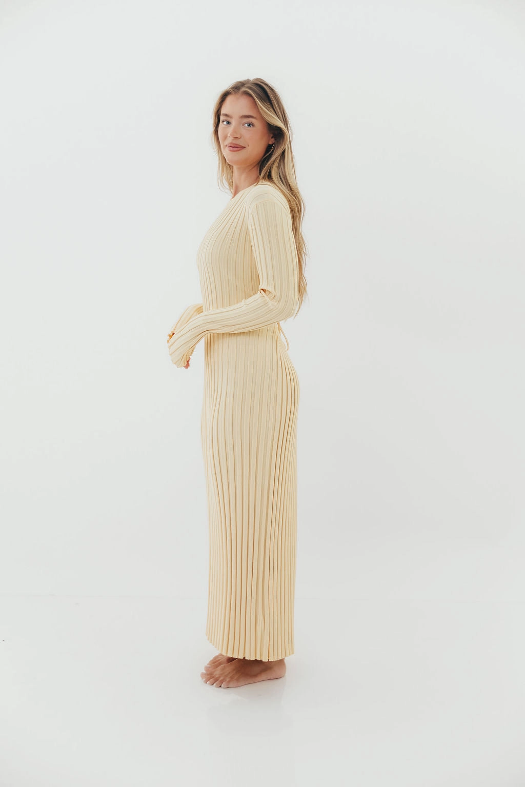 Colette Premium Long Sleeved Ribbed Knit Maxi Dress in Butter Yellow  - Bump Friendly Studio Style