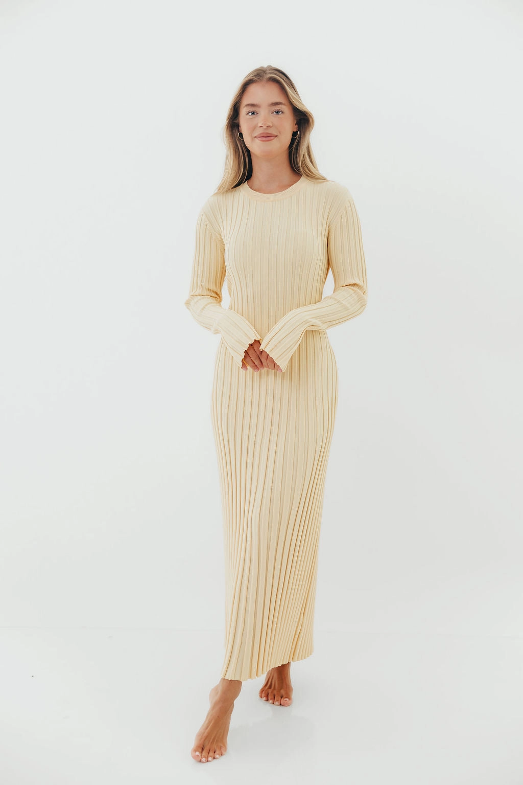 Colette Premium Long Sleeved Ribbed Knit Maxi Dress in Butter Yellow  - Bump Friendly Blush Shade Polished Style