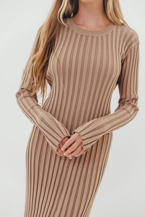 Colette Premium Long Sleeved Ribbed Knit Maxi Dress in Dark Natural - Bump Friendly Happy Glow Classic Edge