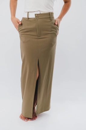 Soft Shape Boho Aesthetic Colin Trouser Maxi Skirt with Contrast Band in Olive