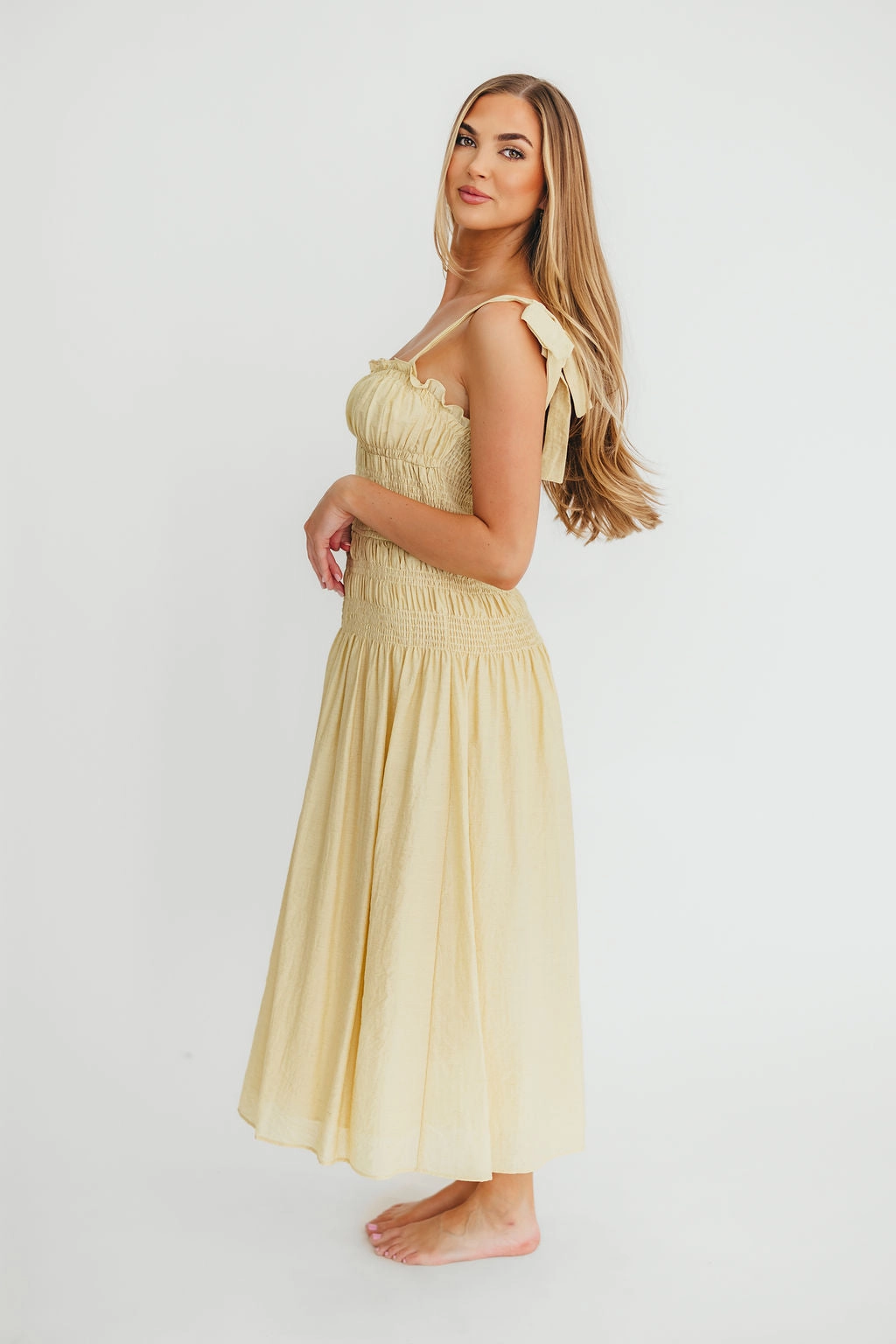 Balanced Tones Smooth Layers Della Adjustable Tie Midi Dress in Yellow *Final-Sale*