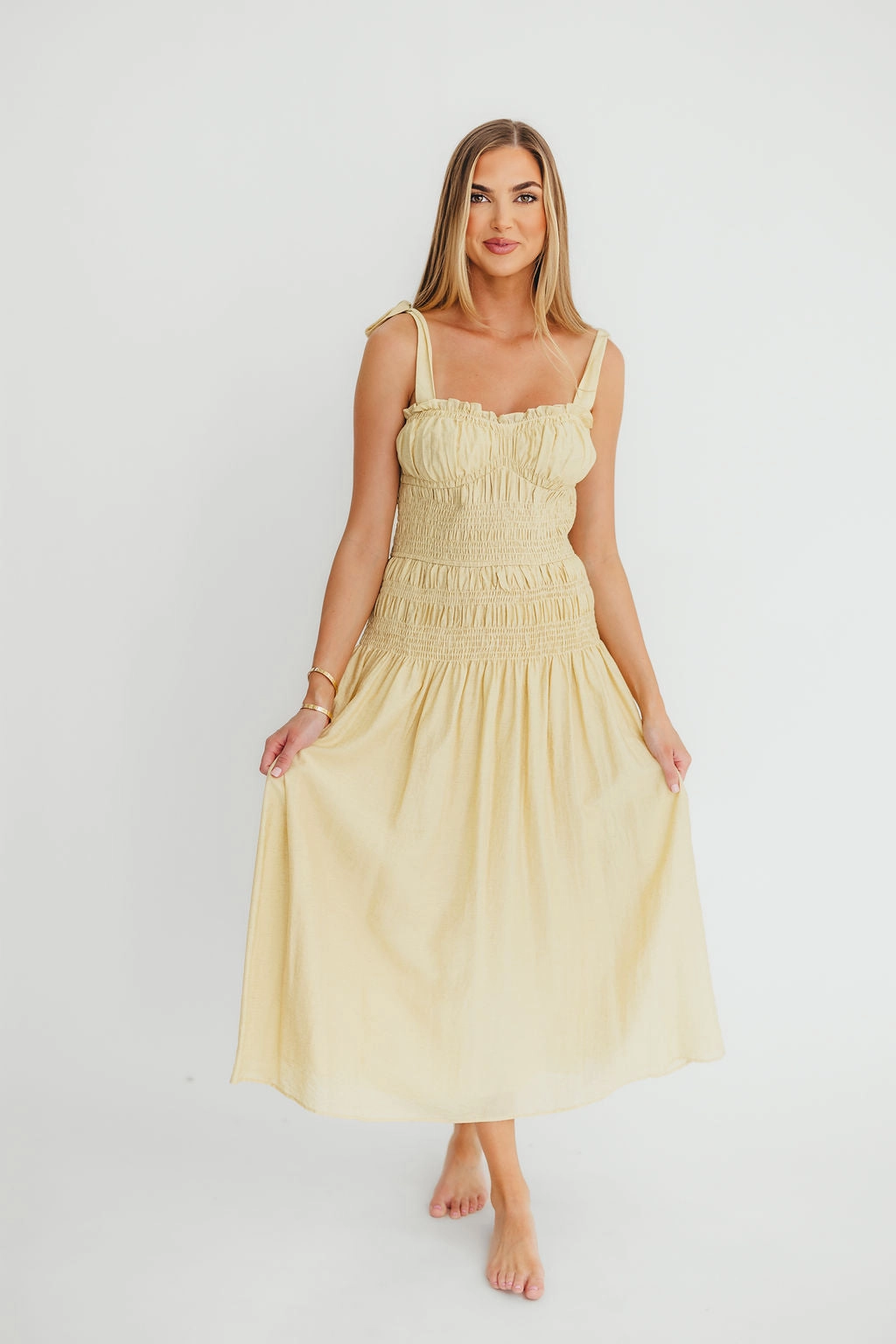 Flowy-Shape Della Adjustable Tie Midi Dress in Yellow *Final-Sale*