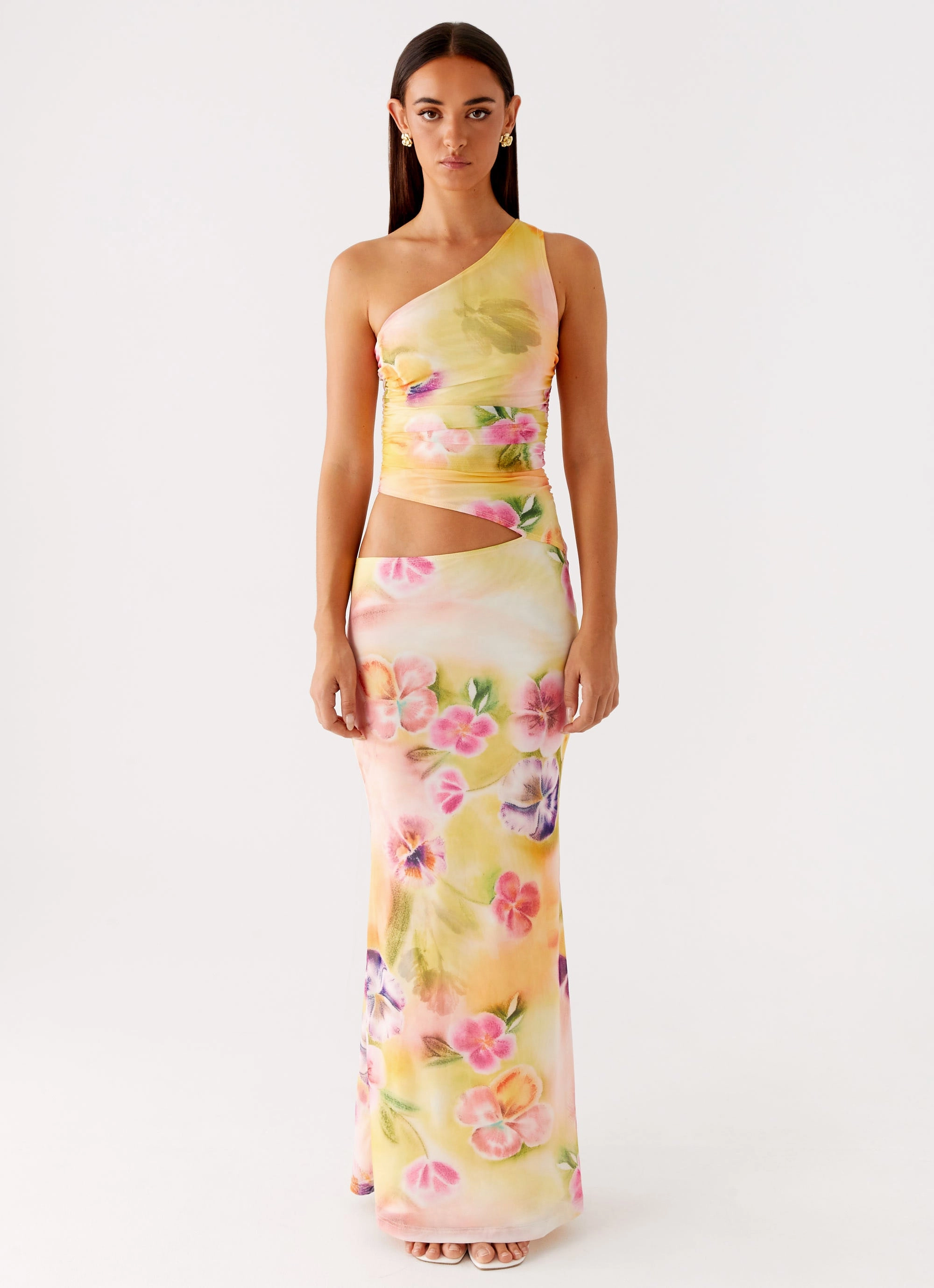 Seranella One Shoulder Maxi Dress - Sunburst Floral Chic and Cozy Wear