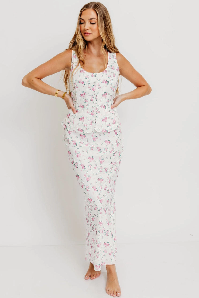 Melrose Floral Button-Up Top and Maxi Skirt Set in Off White *Final-Sale* Subtle Motion Relax Mode
