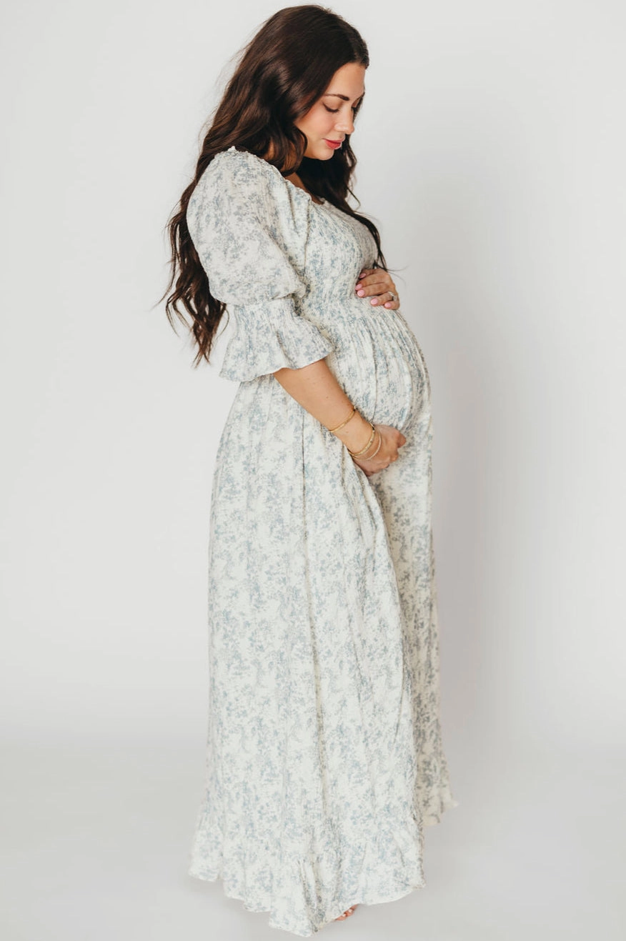 Perfect Comfort Wear Sienna 100% Cotton Puff Sleeve Maxi Dress in Blue Floral - Bump Friendly