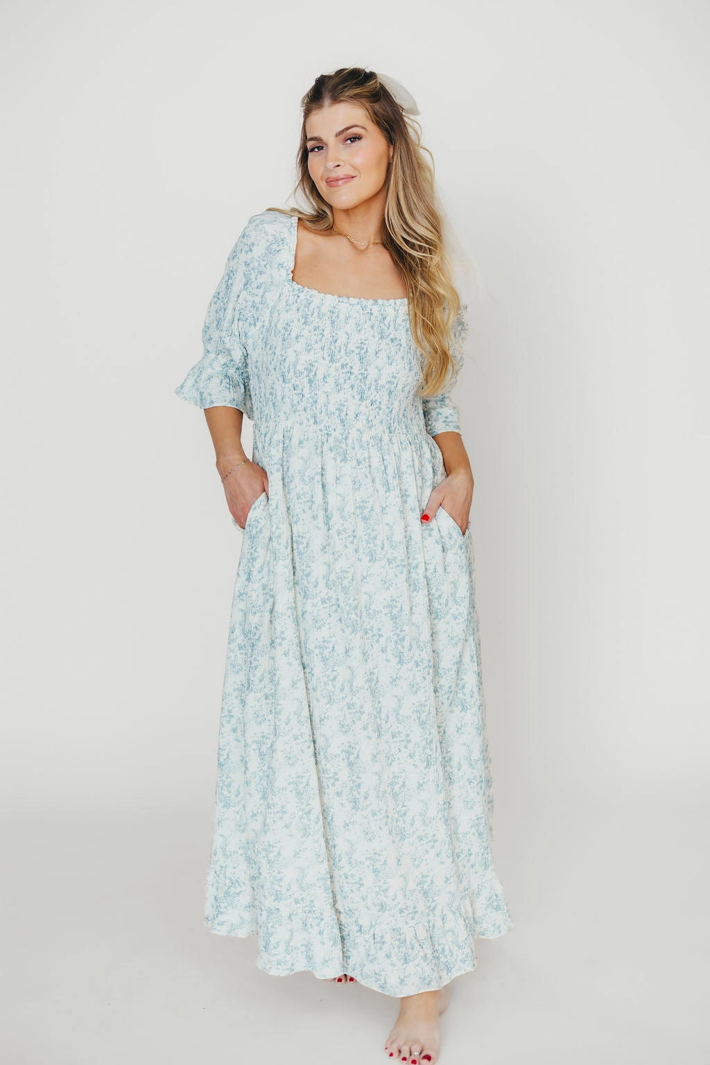 Semi Sheer Boho Mood Sienna 100% Cotton Puff Sleeve Maxi Dress in Blue Floral - Bump Friendly
