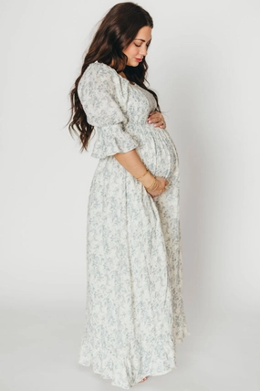 Perfect Comfort Wear Sienna 100% Cotton Puff Sleeve Maxi Dress in Blue Floral - Bump Friendly