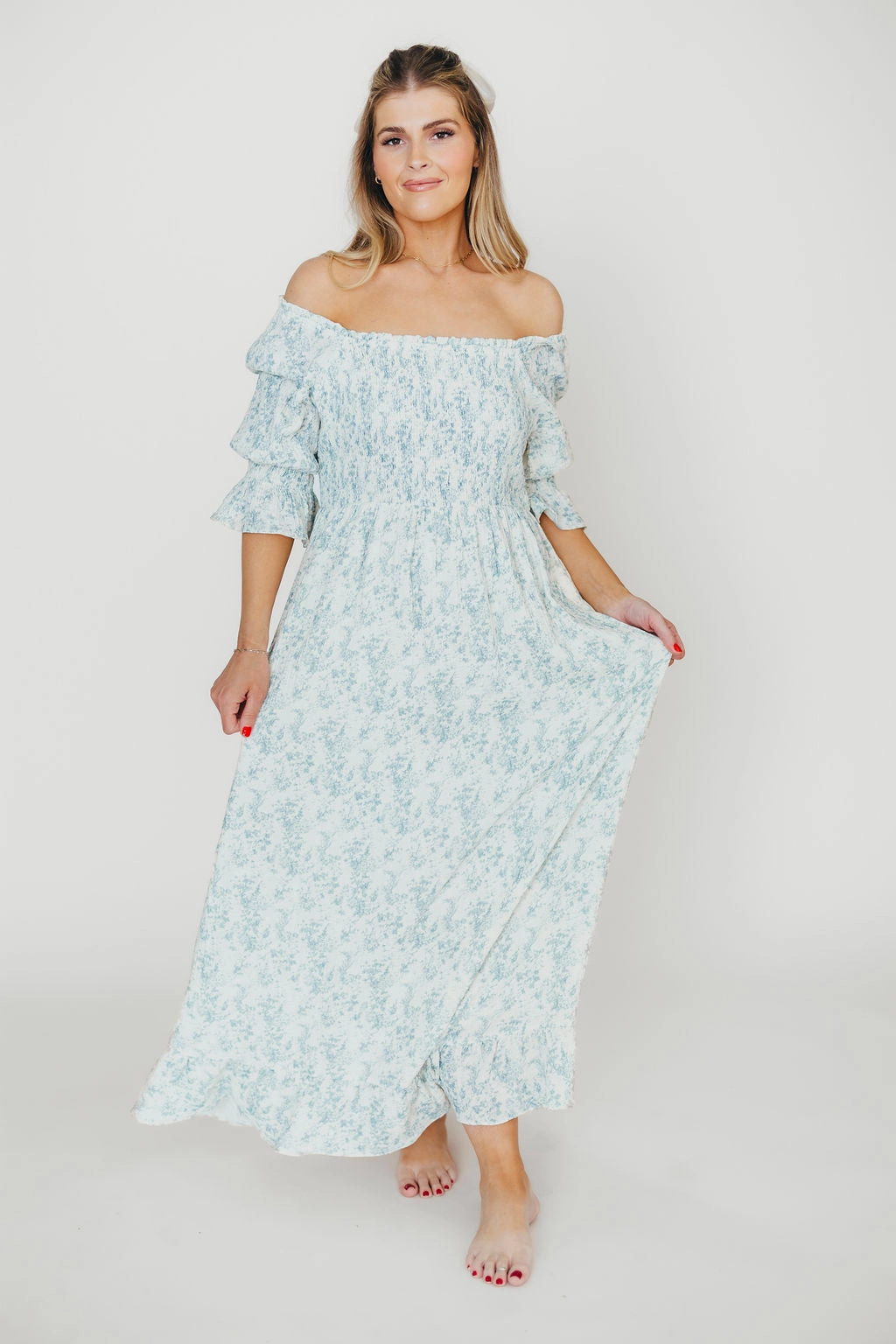 Pure Tone Sienna 100% Cotton Puff Sleeve Maxi Dress in Blue Floral - Bump Friendly