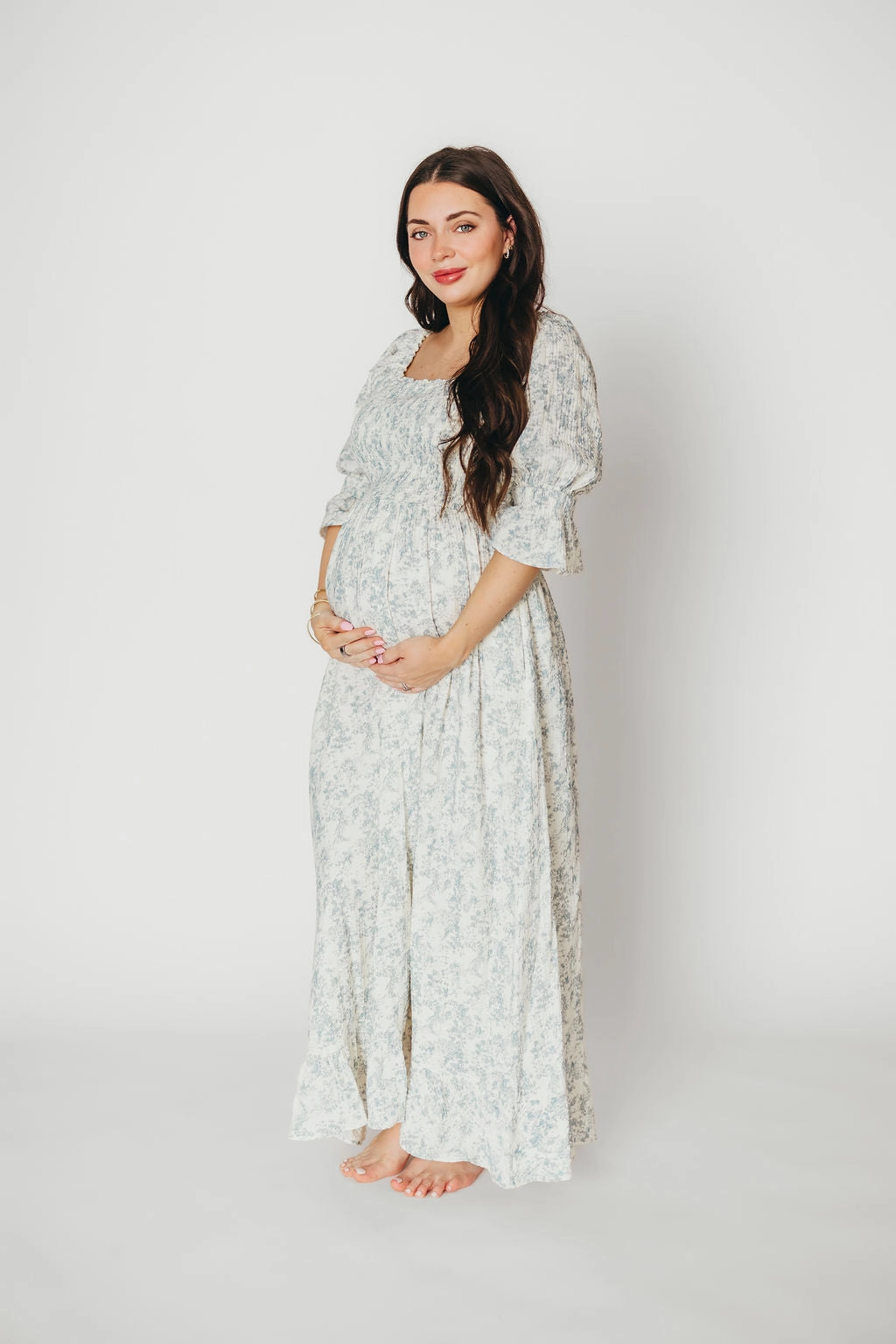 Comfort Fit Satin Grace Sienna 100% Cotton Puff Sleeve Maxi Dress in Blue Floral - Bump Friendly