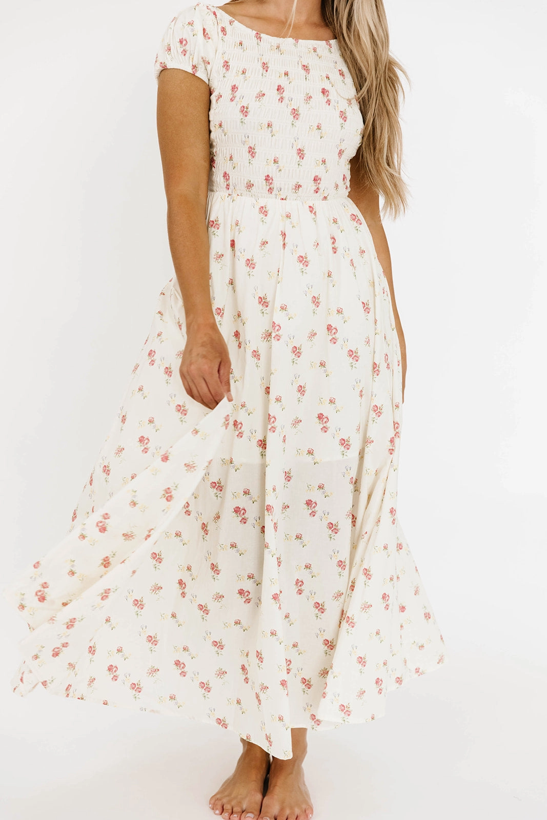 Relaxed Wear Denise 100% Cotton Smocked Maxi Dress with Piecing and Strappy Back in Cream Floral