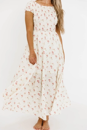 Relaxed Wear Denise 100% Cotton Smocked Maxi Dress with Piecing and Strappy Back in Cream Floral