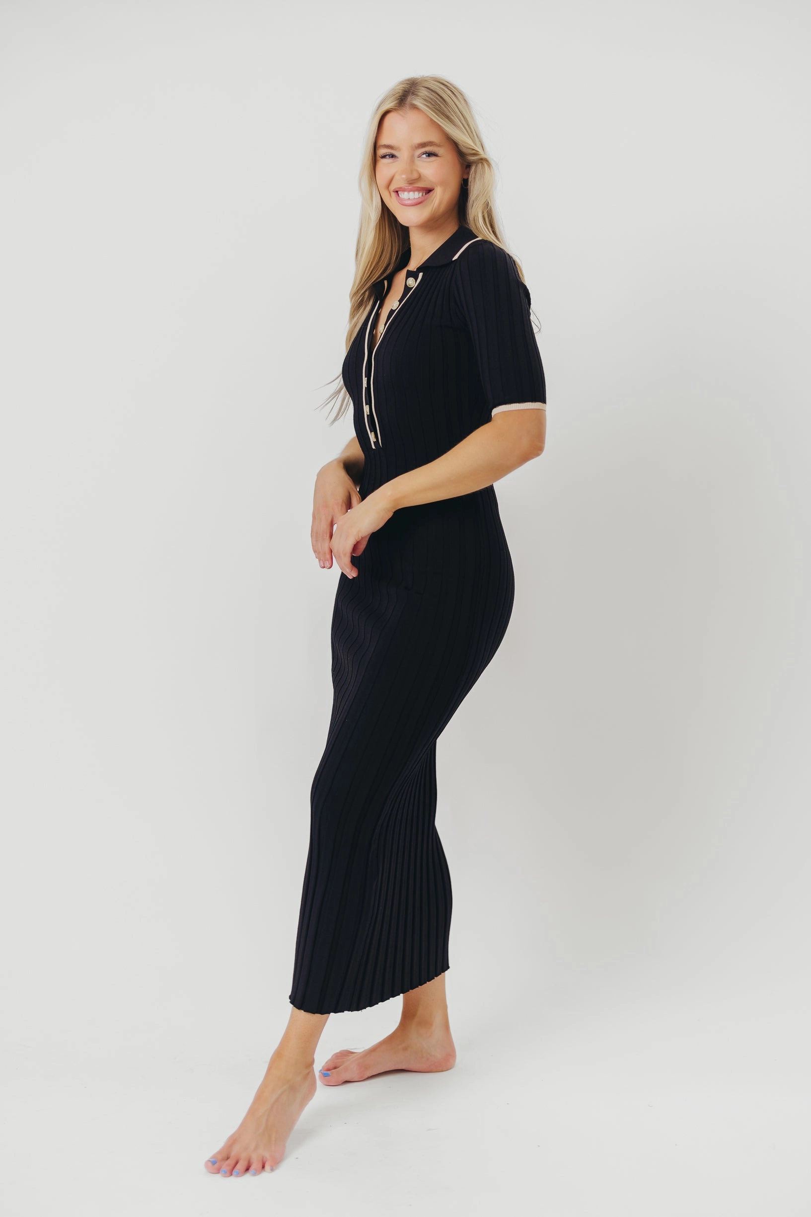 Addie Ribbed Button-Down Maxi Dress in Black - Nursing and Bump Friendly Soft Flow Stretch-Recovery
