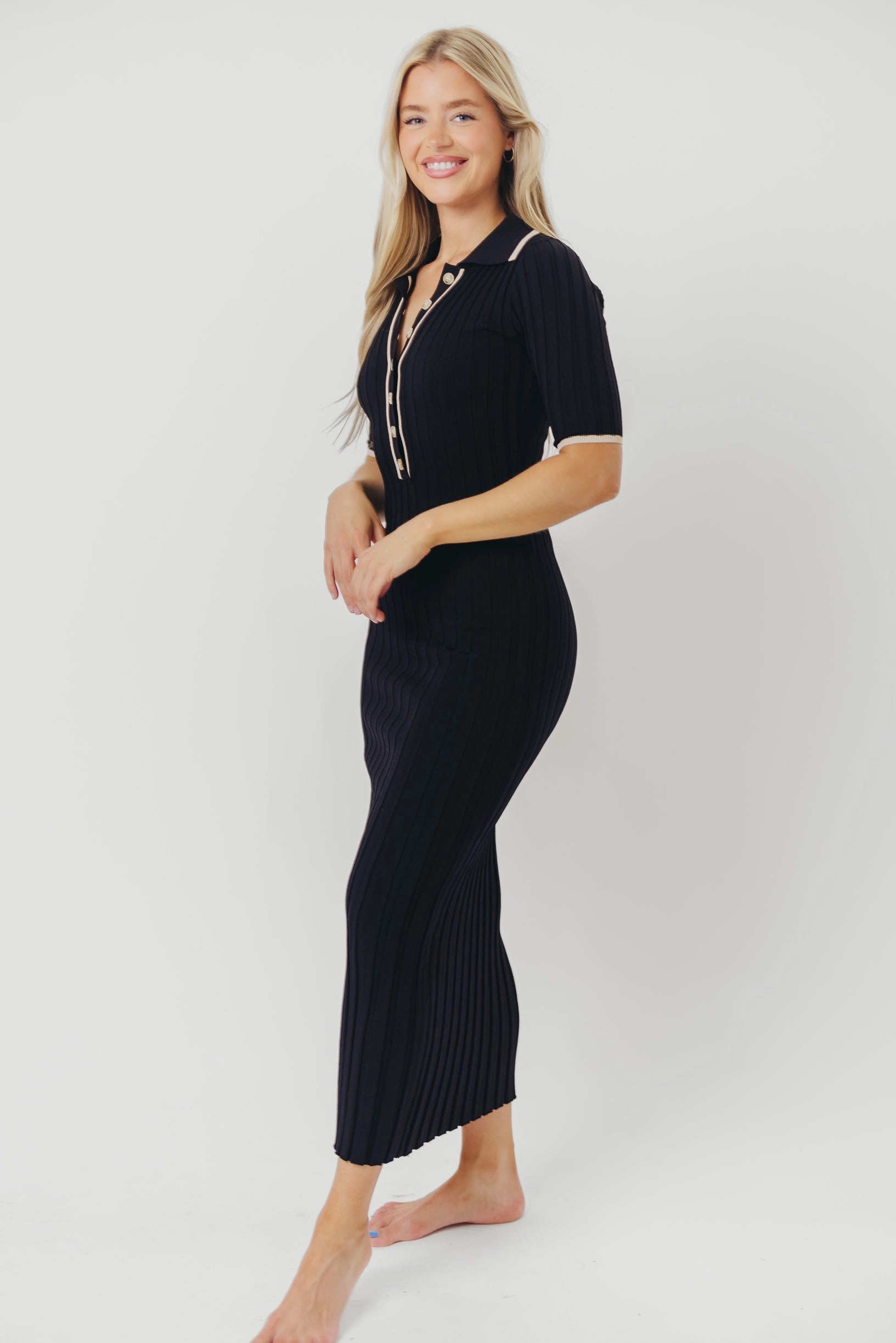 Fresh Stitch Addie Ribbed Button-Down Maxi Dress in Black - Nursing and Bump Friendly