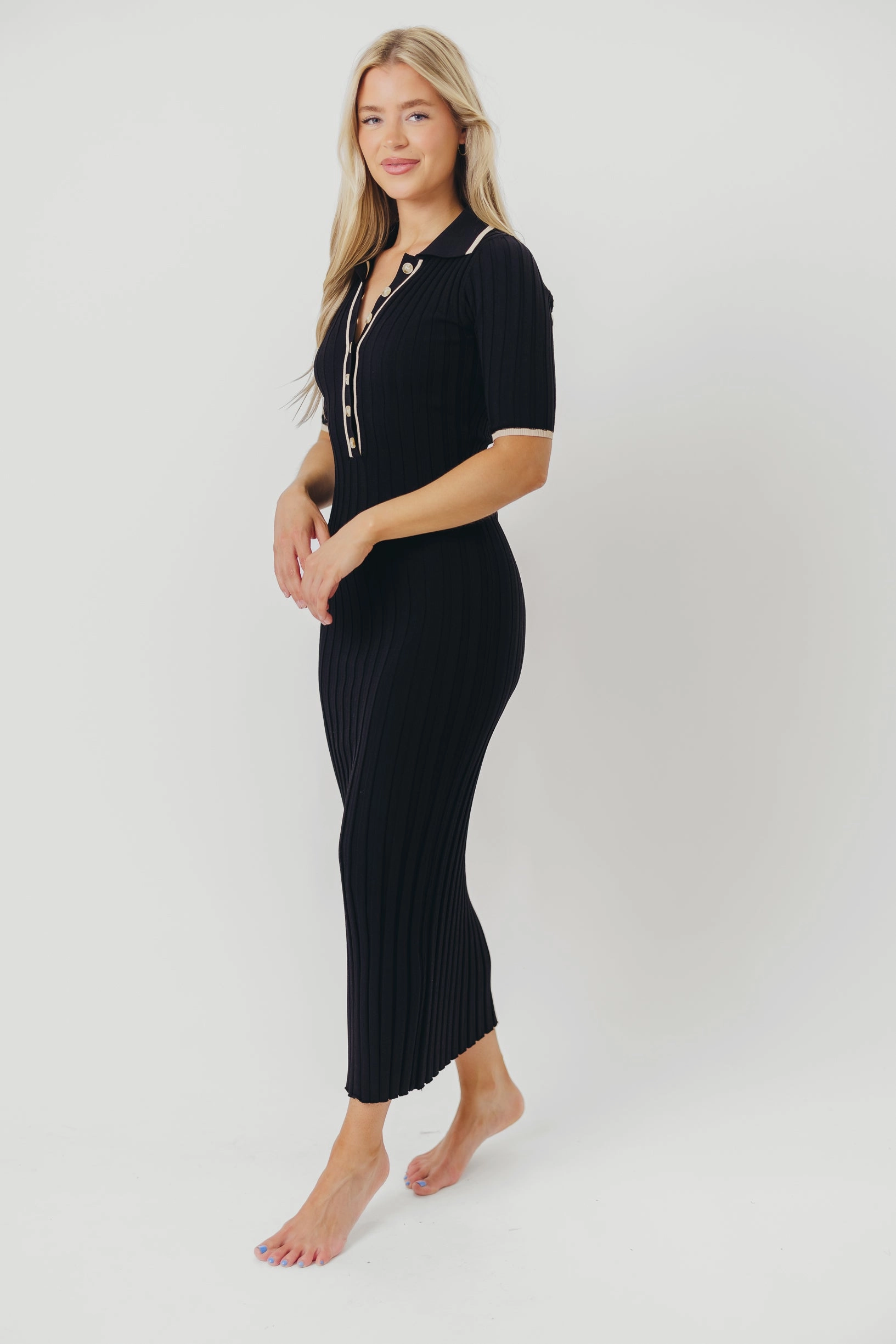 Neutral Mood Classic Layers Addie Ribbed Button-Down Maxi Dress in Black - Nursing and Bump Friendly