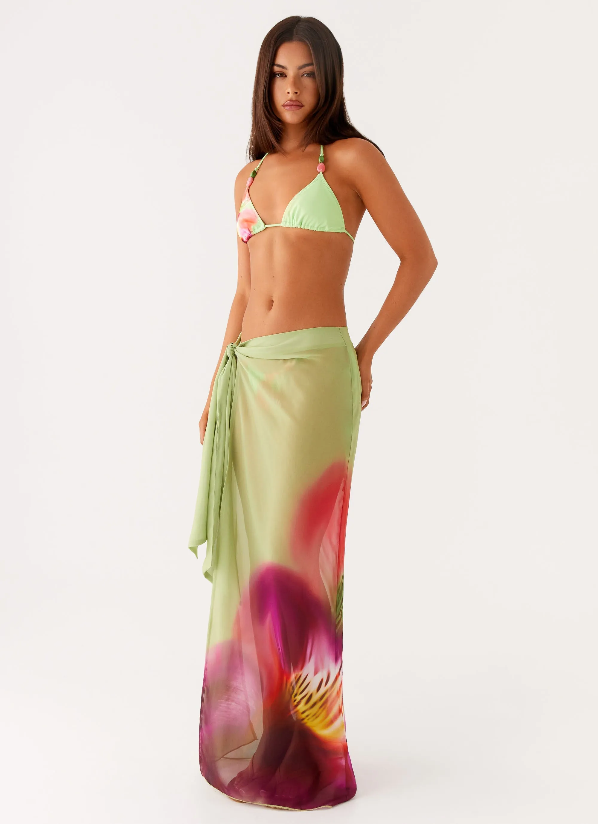 Earthy-Tone Buttery Soft Texture Low Tide Sarong Maxi Skirt - Green Tropical