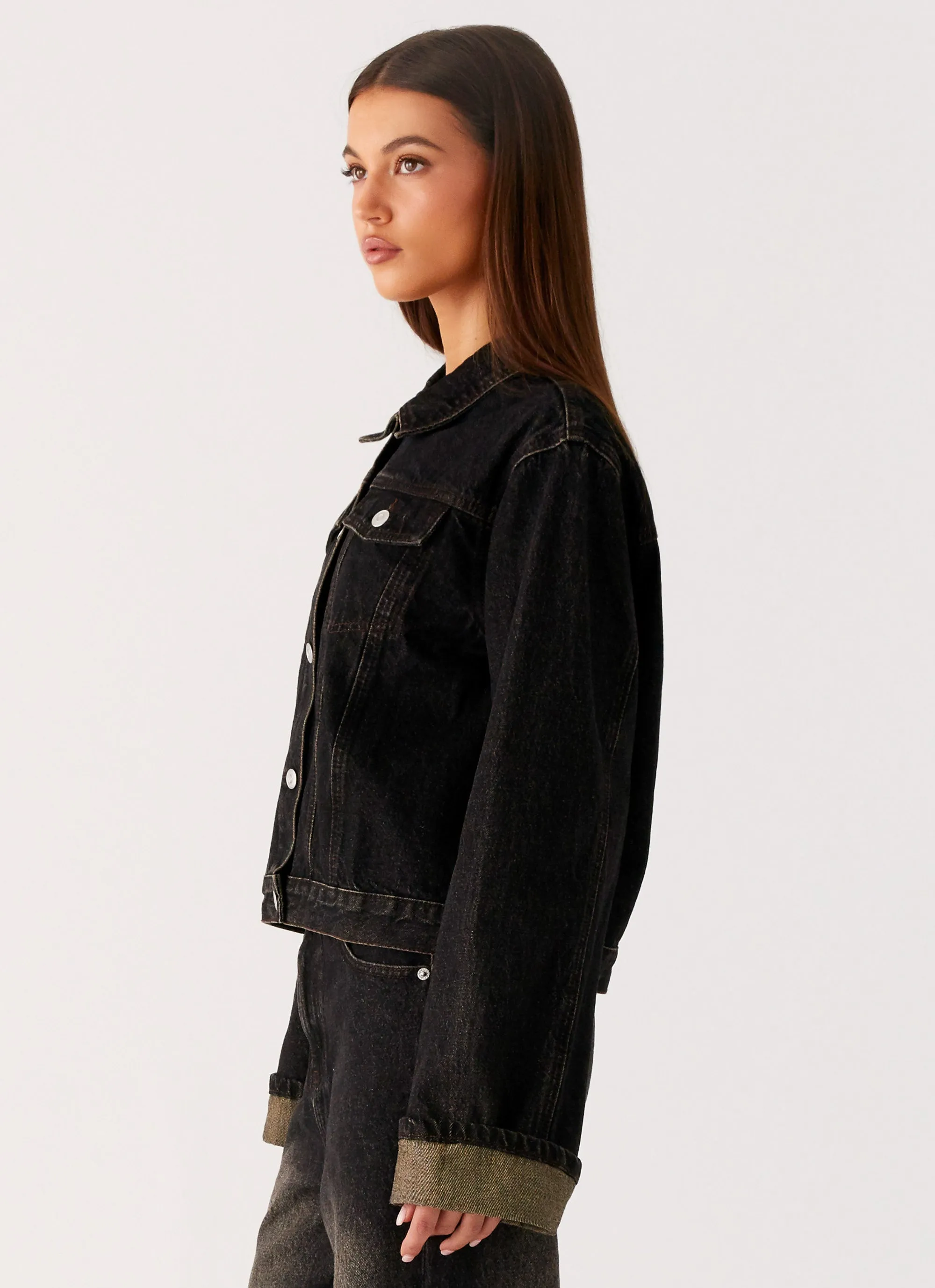 Back Again Oversized Denim Jacket - Acid Charcoal Packable Construction