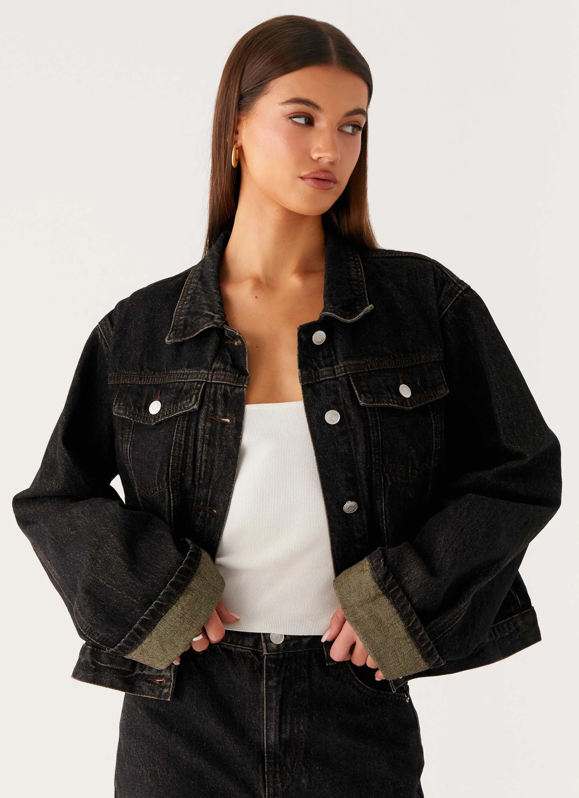 Active Edge Reflective Detailing Back Again Oversized Denim Jacket - Acid Charcoal