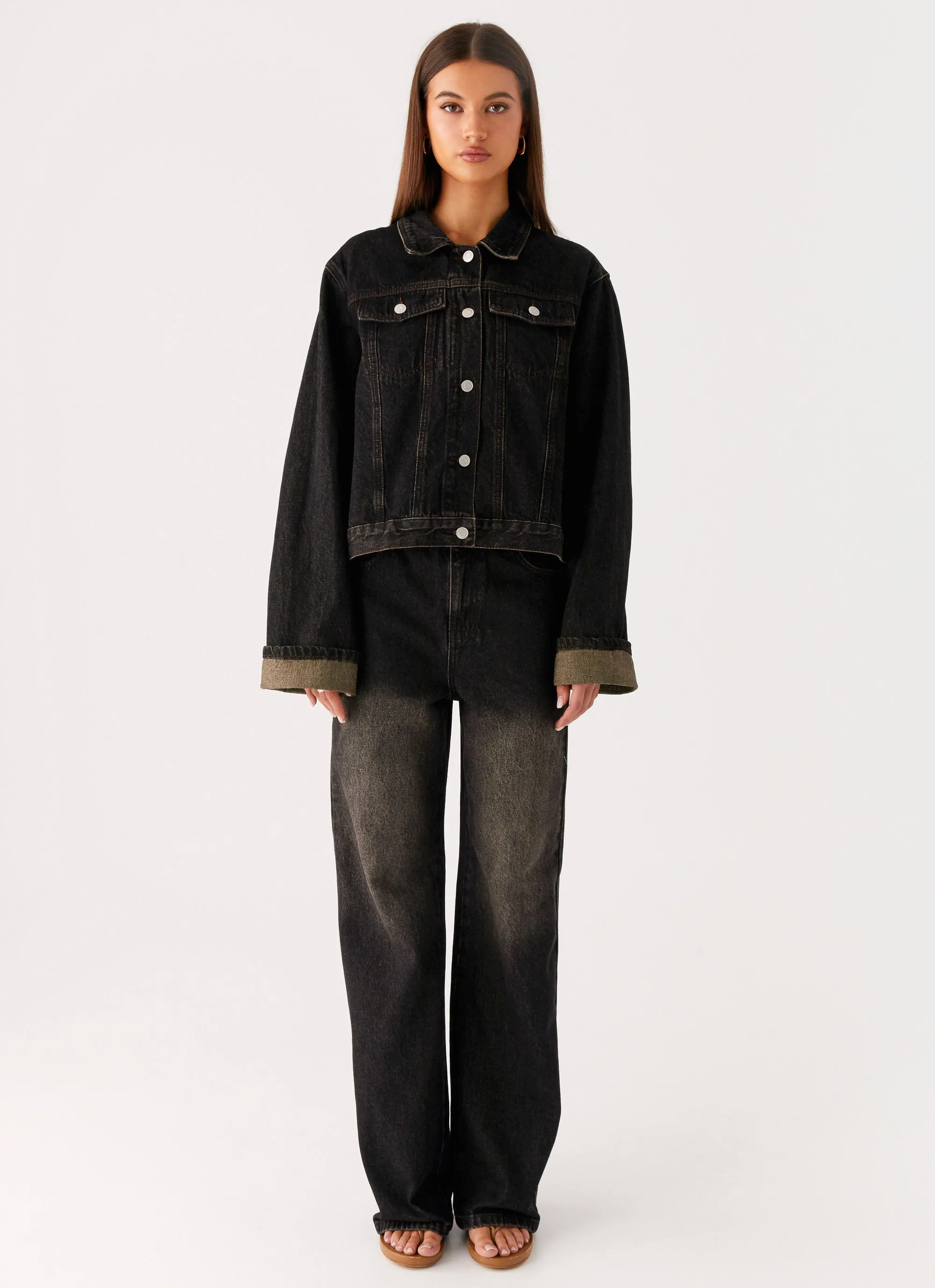 City Streets Confidence booster Back Again Oversized Denim Jacket - Acid Charcoal