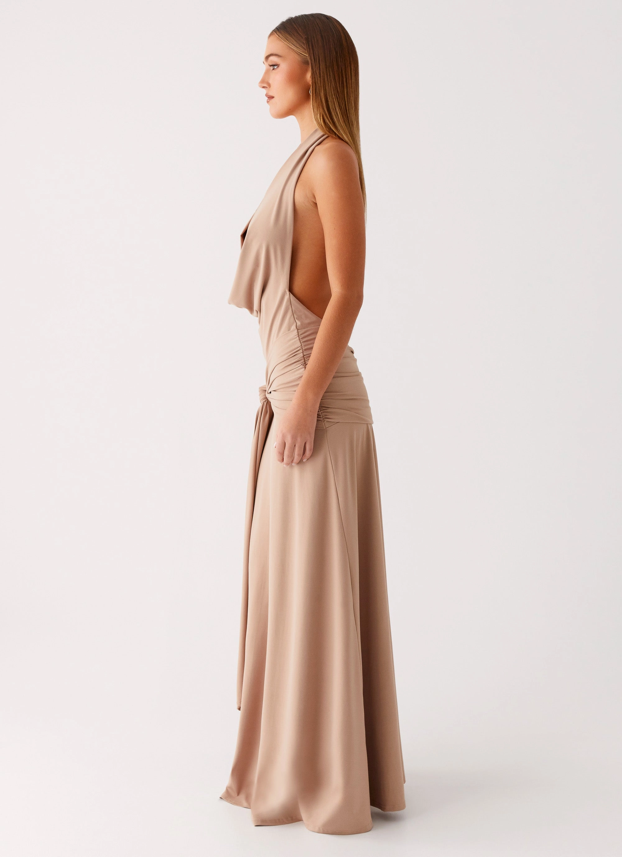 High Waist Charming Design Rowan Ray Cowl Maxi Dress - Light Taupe