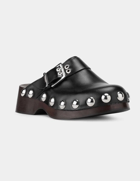 Women's Retro Studded Leather Clog In Black Flexible Step Moisture wicking