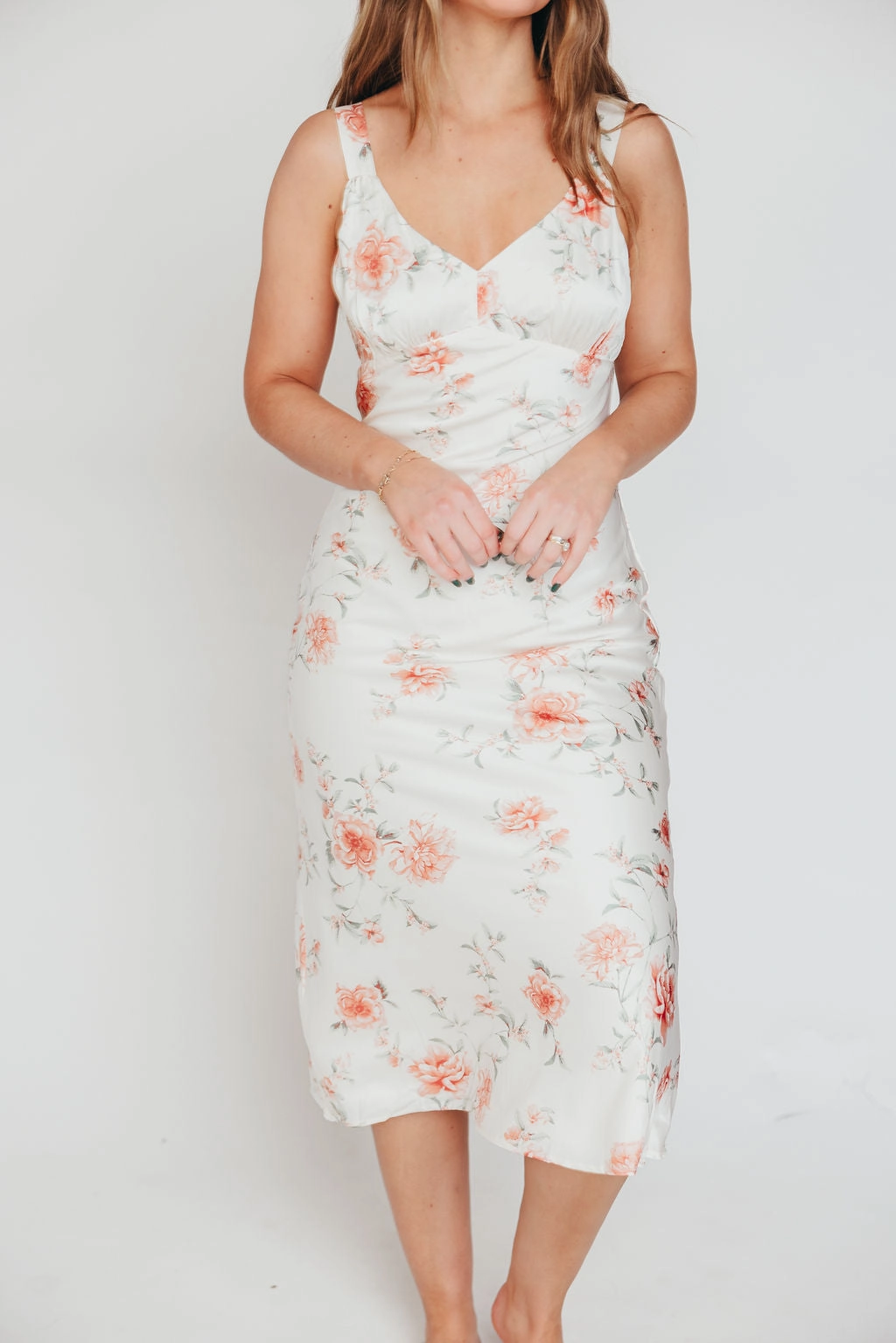 Casual Tones High-Low-Hem The Felicity Midi Dress in Ivory Floral *Final-Sale*