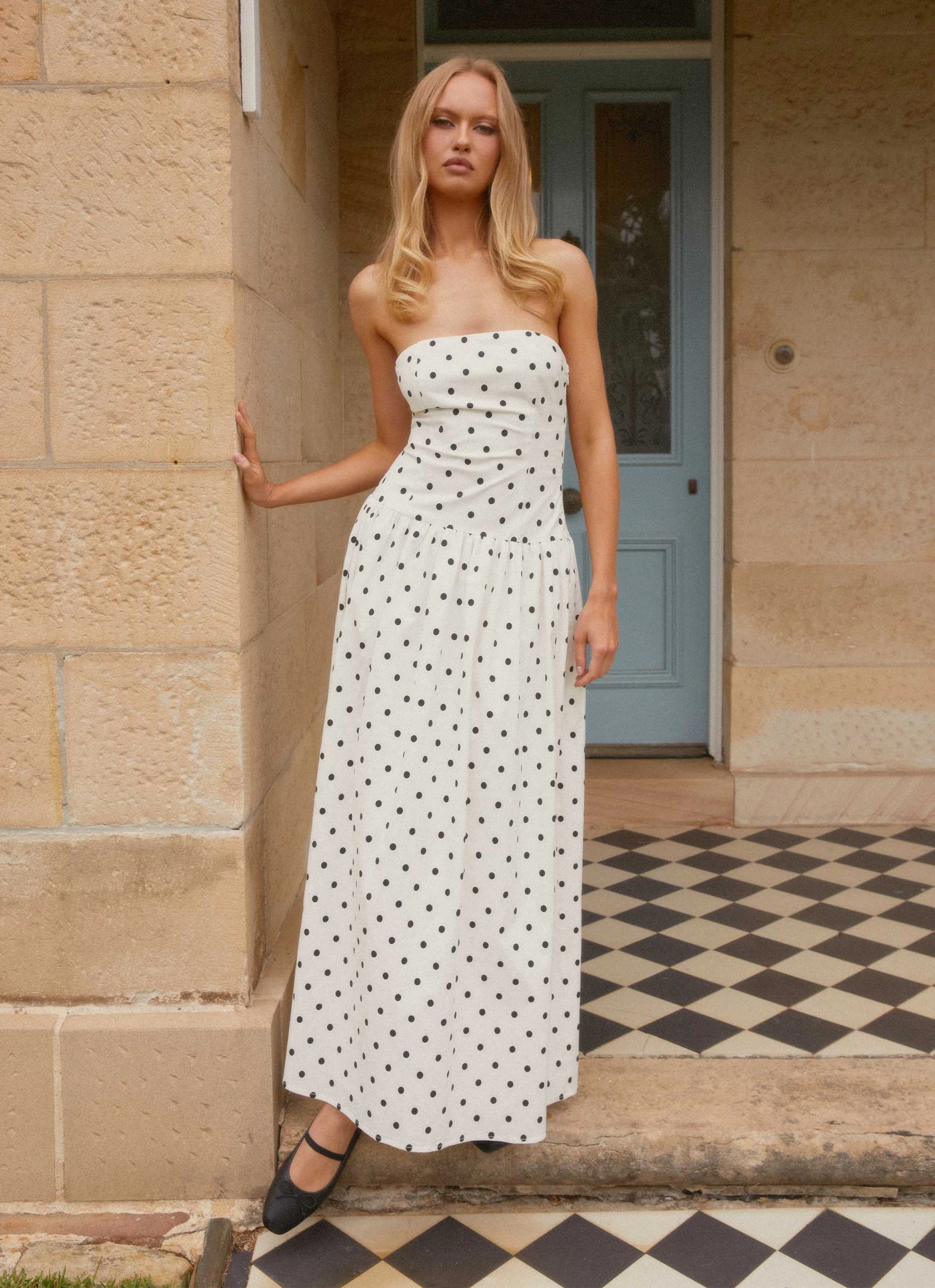 Matte-finish Andorra Maxi Dress - White Polkadot