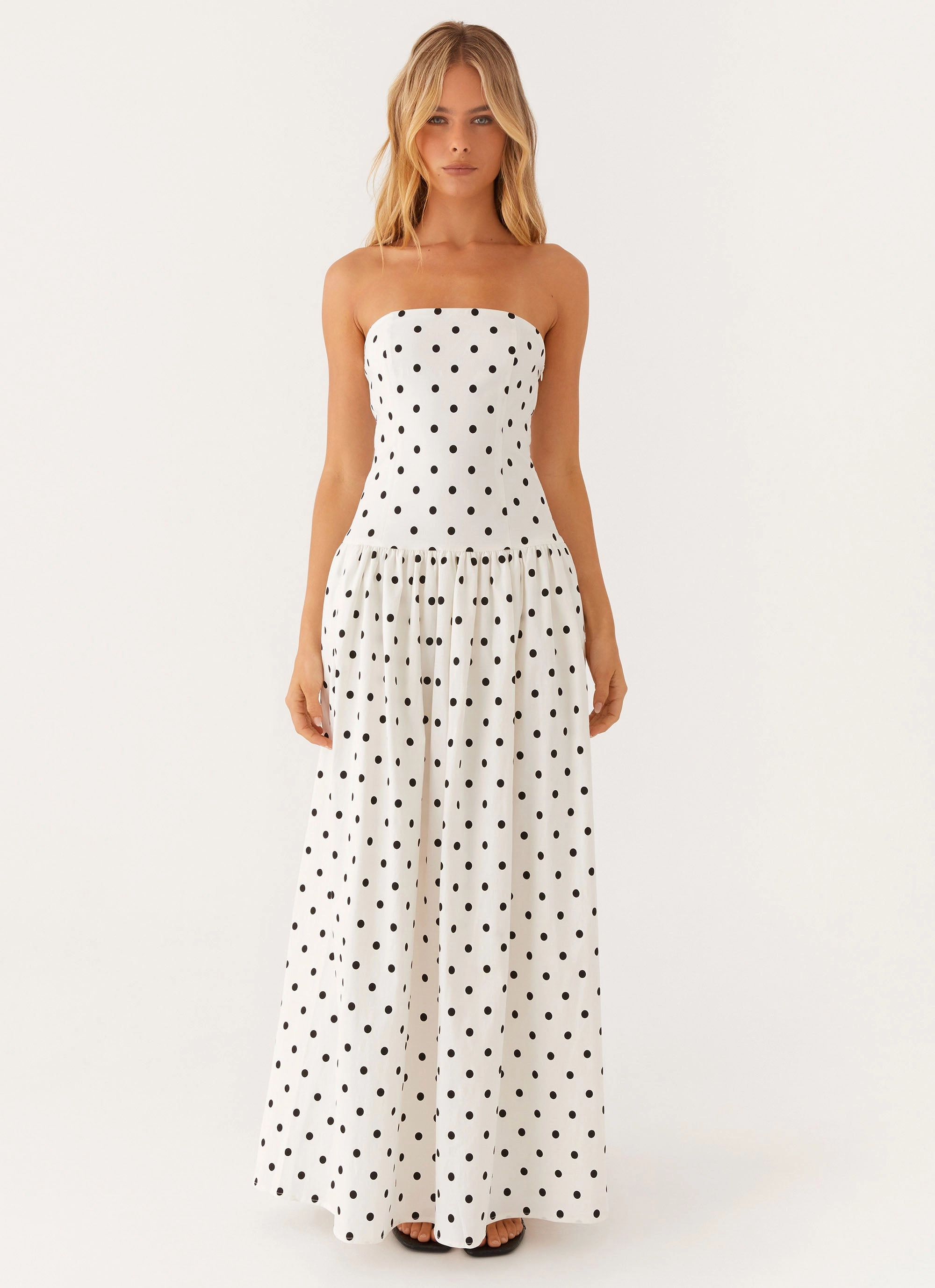 Andorra Maxi Dress - White Polkadot Smart Edge Dress-Up Style