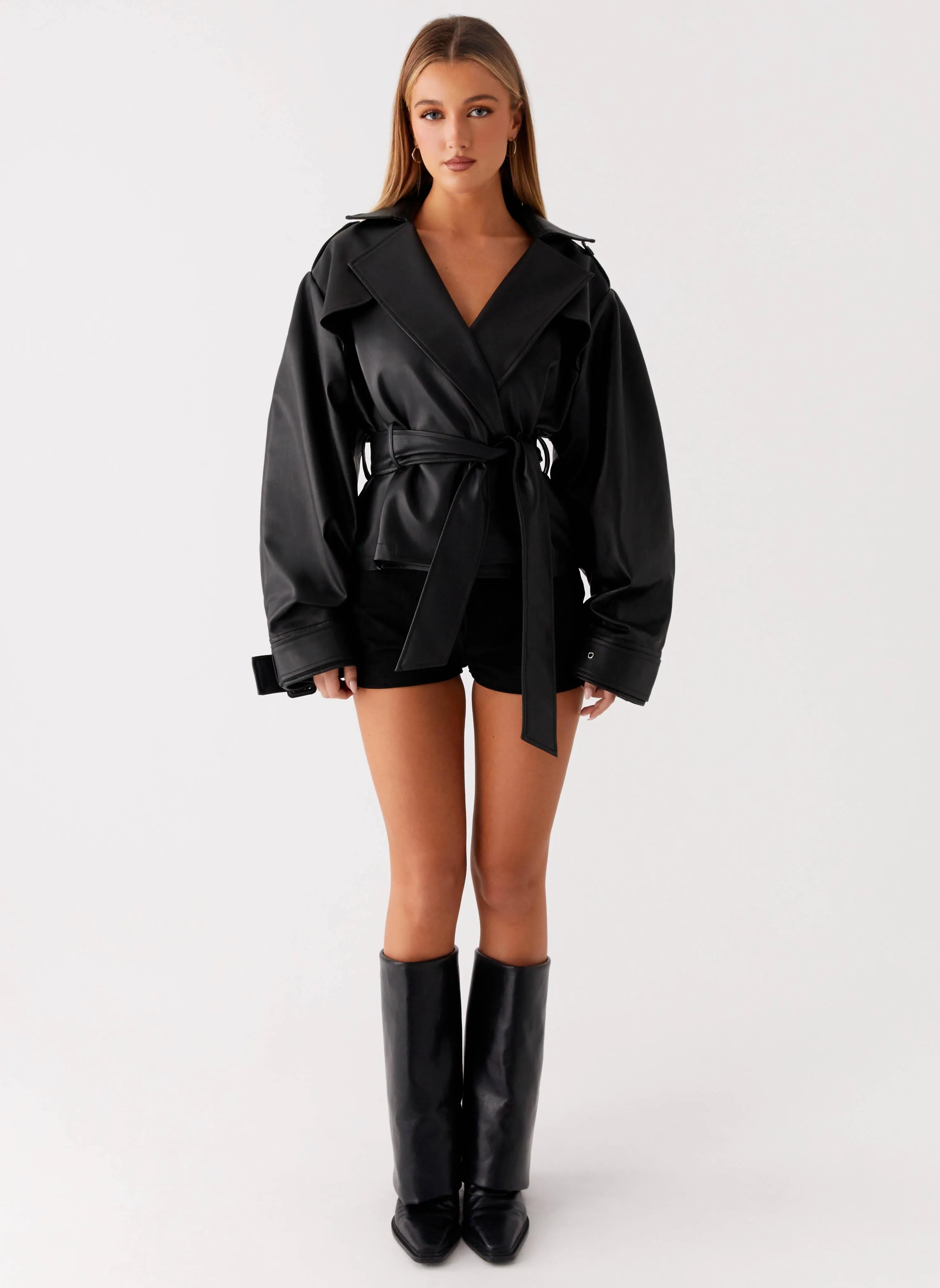 Midtown Leather Trench - Black FleeceBacking
