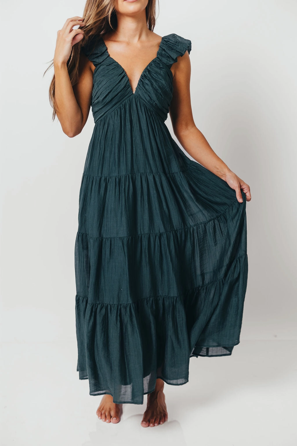 Satin-Finish Versatile Wearable Katy Pleated Bodice Maxi Dress in Deep Teal - Bump Friendly