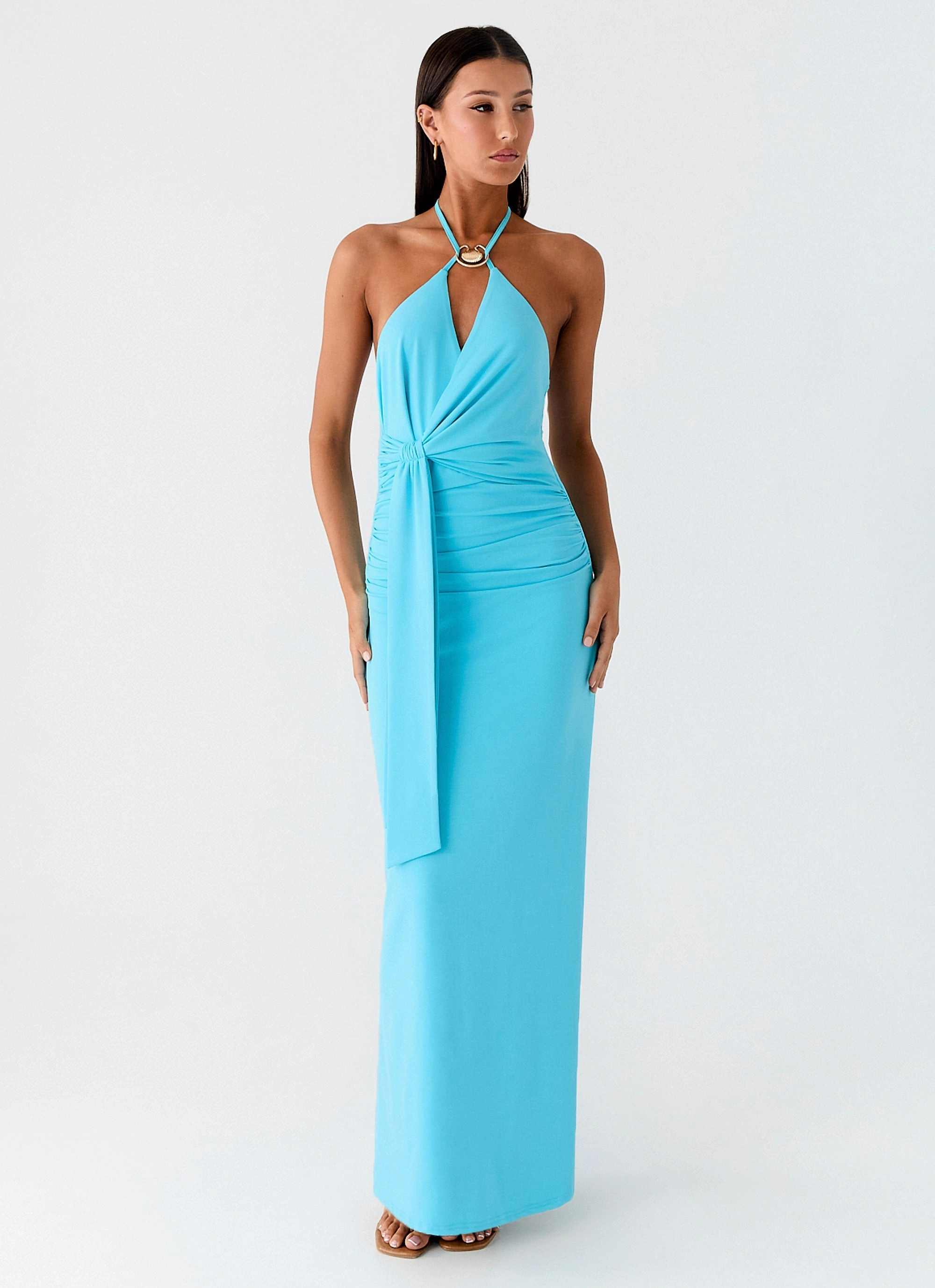 Dare Me Halter Maxi Dress - Aqua Blue Natural Silhouette Back Glow