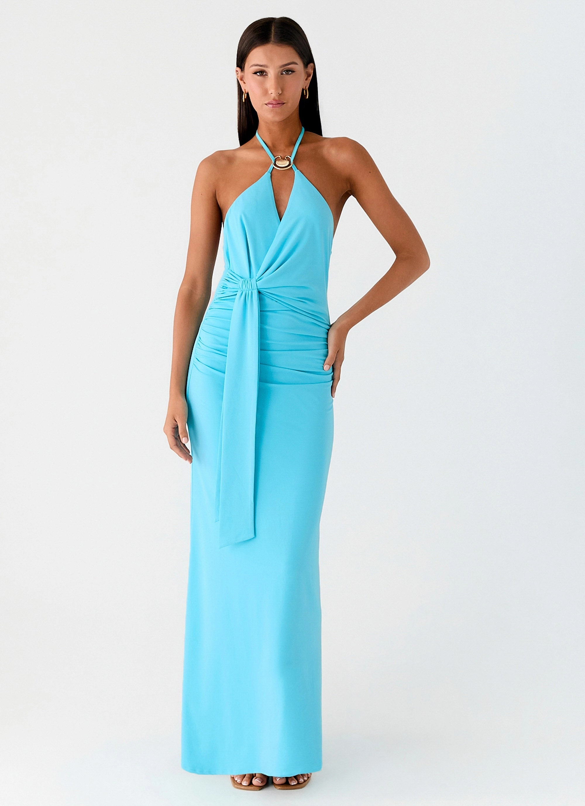 Sheer Look Dare Me Halter Maxi Dress - Aqua Blue
