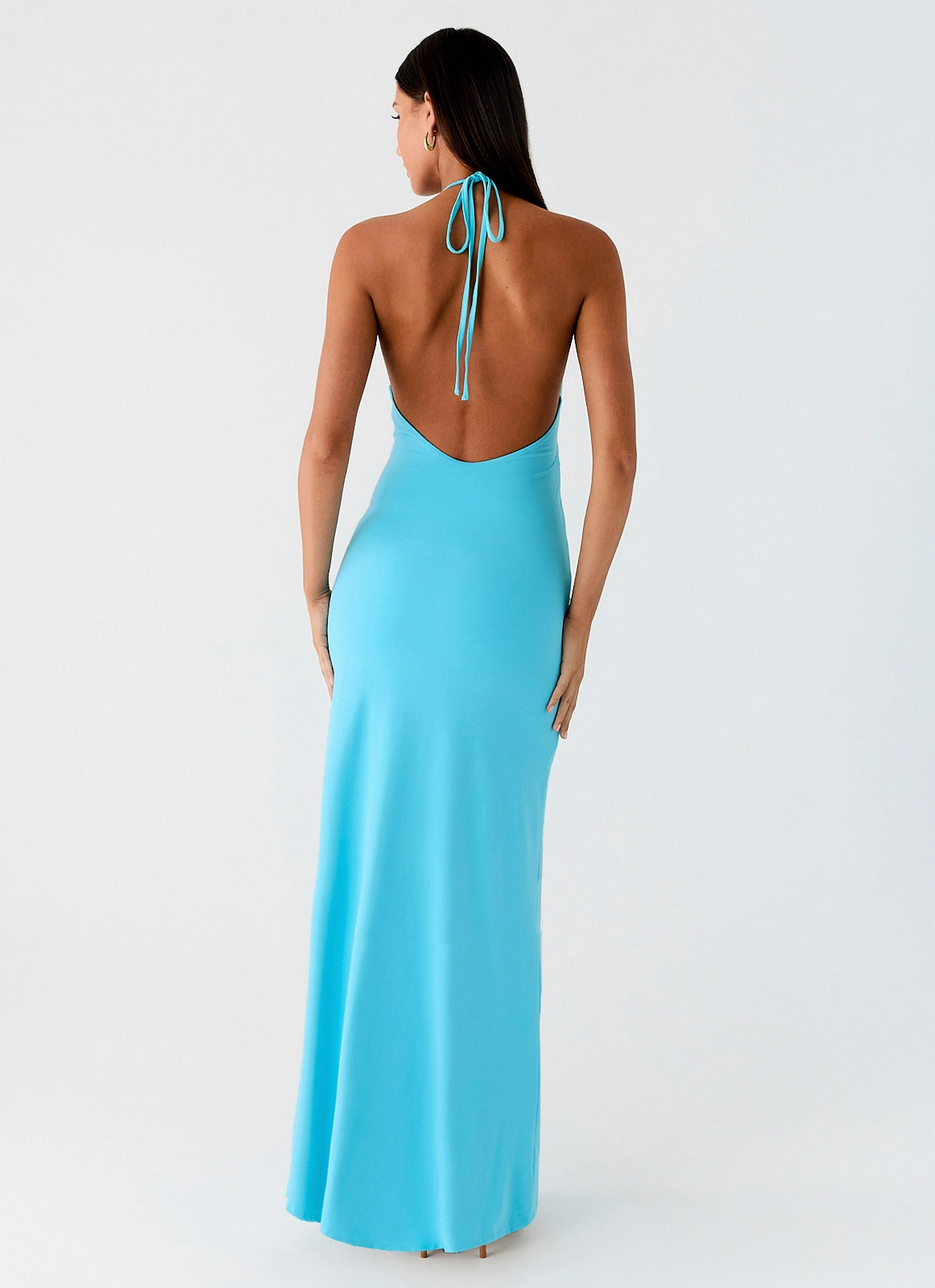 Dare Me Halter Maxi Dress - Aqua Blue Tulle-Overlay