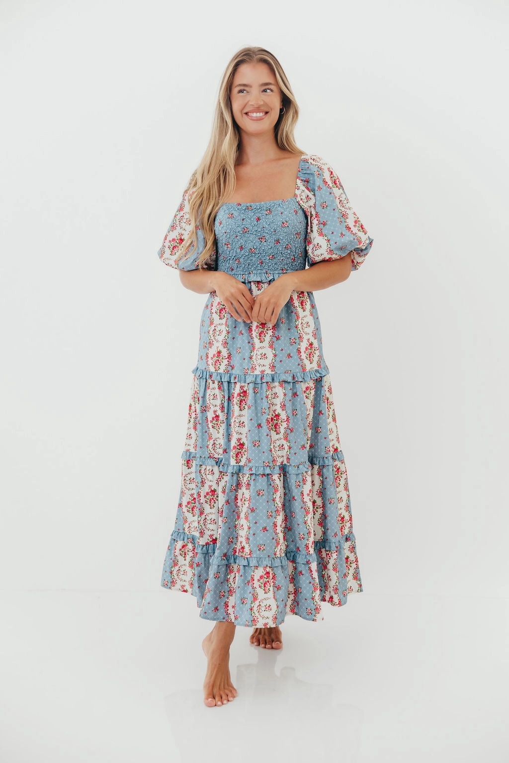 Metallic Finish CariDee Floral Print Ruffle Detail Maxi Dress in Blue