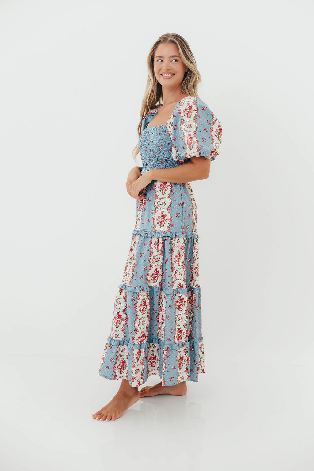 Silky Touch Easy Layering CariDee Floral Print Ruffle Detail Maxi Dress in Blue