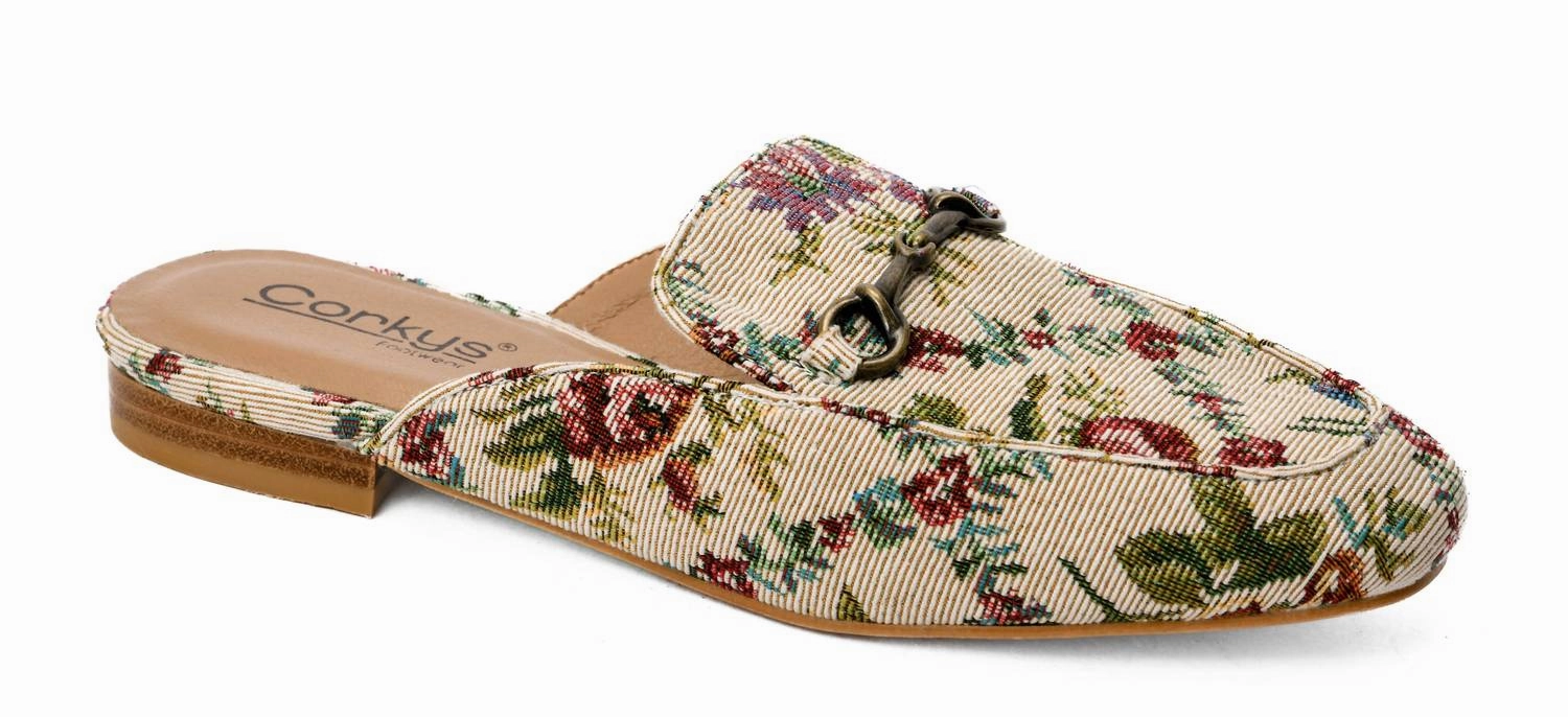 Cork Charmer Floral Mule In Sand Brocade Floral Energy Saving