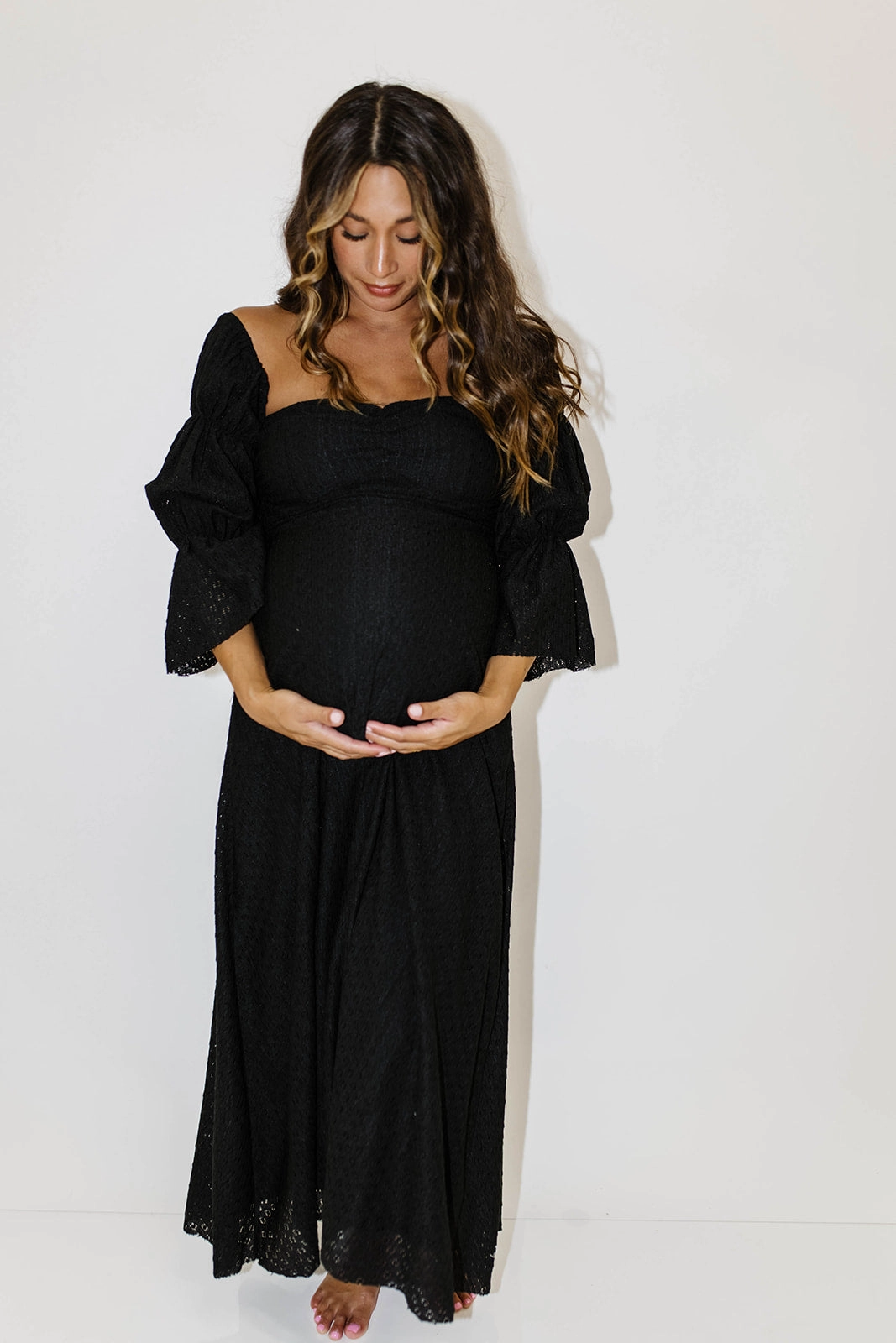 Effortless Fit Morning Glow Corrine Tiered Sleeve Maxi Dress with Pockets in Black - Bump Friendly