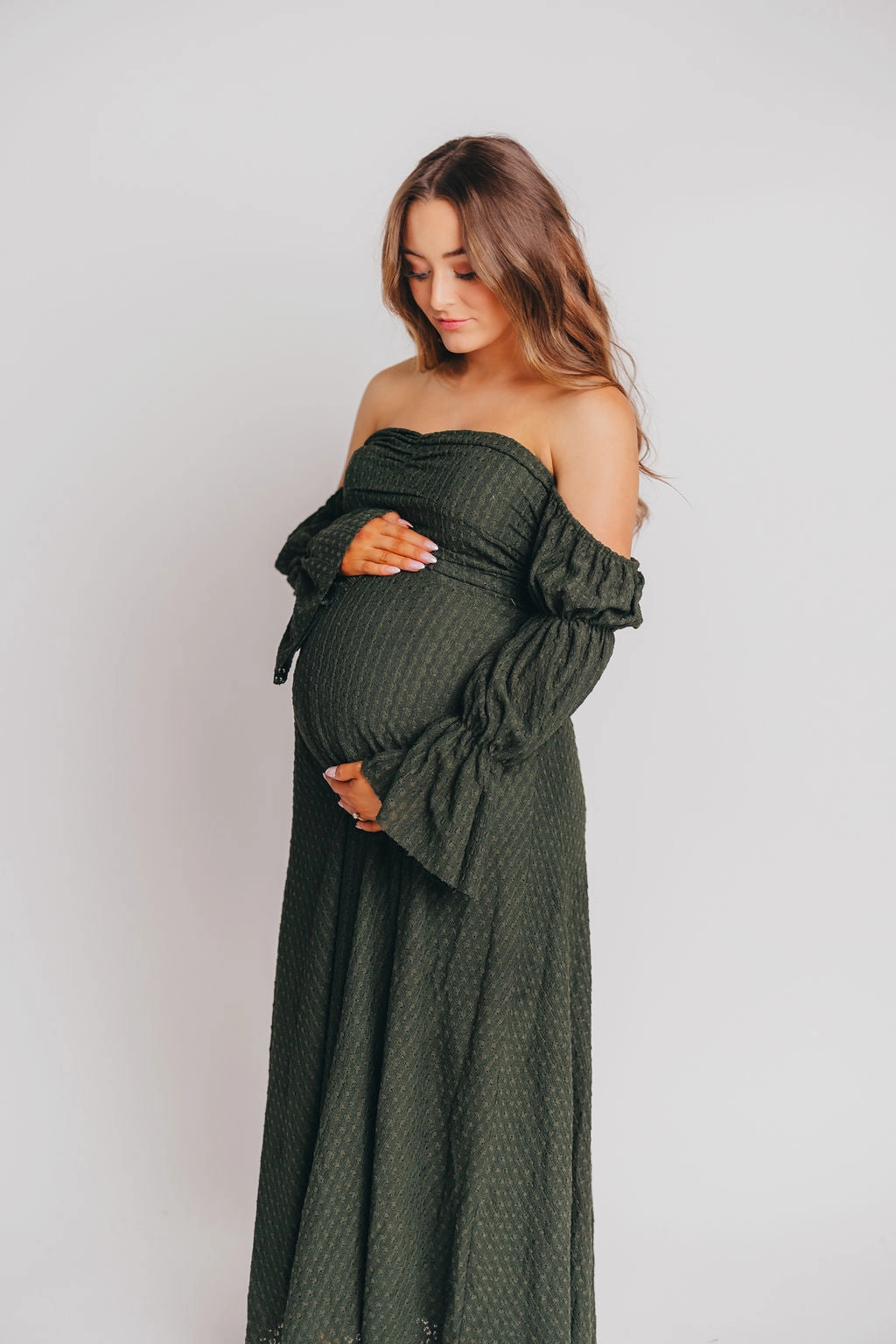 Corrine Tiered Sleeve Maxi Dress with Pockets in Hunter Green - Bump Friendly Striped-Pattern