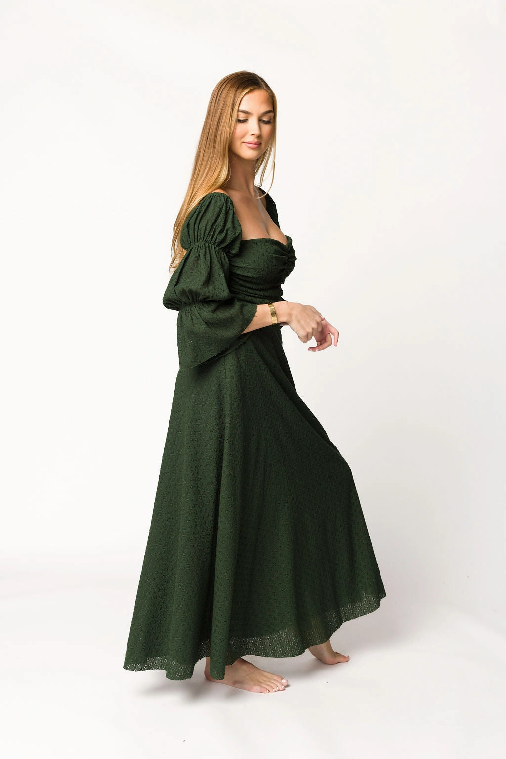 Slim Shape Polished Edge Corrine Tiered Sleeve Maxi Dress with Pockets in Hunter Green - Bump Friendly