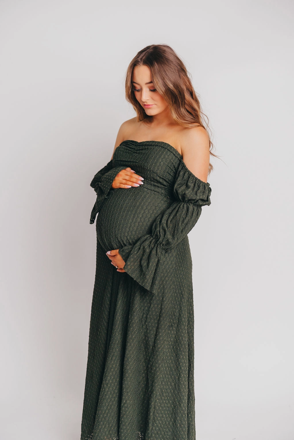 Corrine Tiered Sleeve Maxi Dress with Pockets in Hunter Green - Bump Friendly Quiet Luxury Subtle Stitch