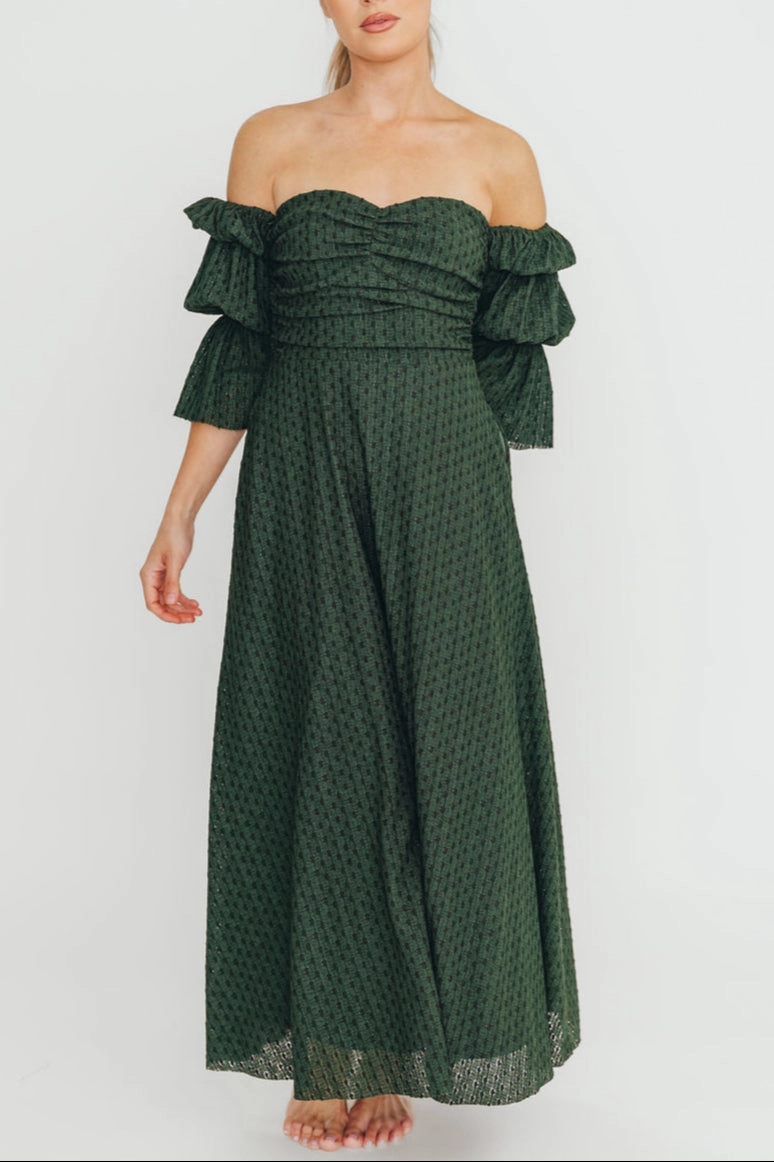 Corrine Tiered Sleeve Maxi Dress with Pockets in Hunter Green - Bump Friendly Trendy Vibe Clean Flow