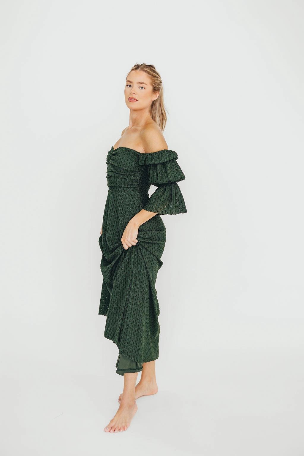 Wardrobe-Staple Corrine Tiered Sleeve Maxi Dress with Pockets in Hunter Green - Bump Friendly